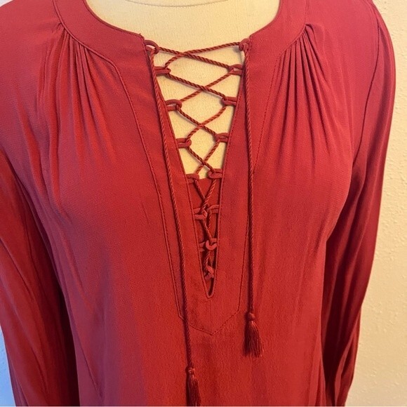 Time and Tru Long Sleeve Lace Up Front Peasant Top Small - Picture 2 of 5